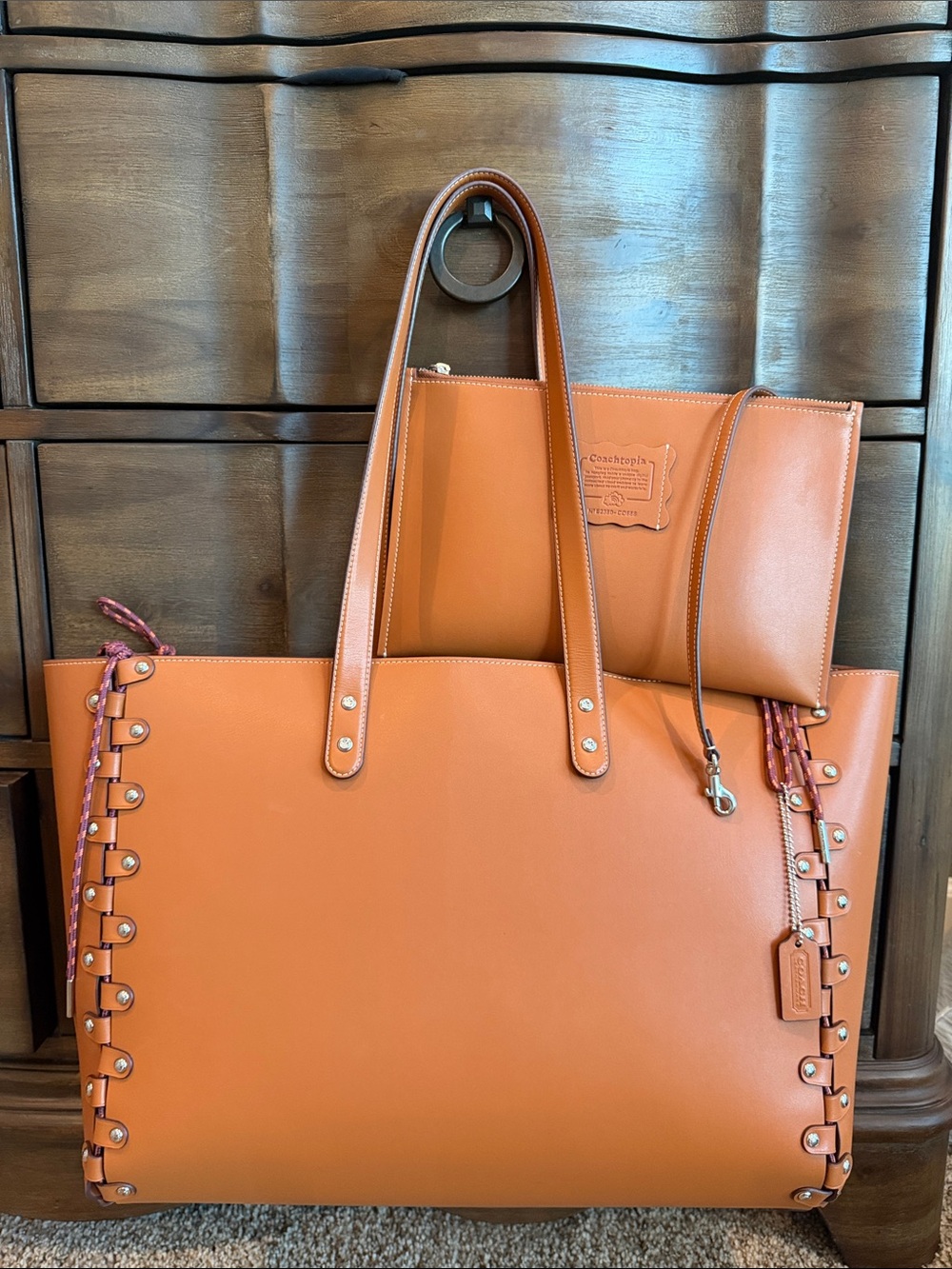 Coachtopia by Coach Large Leather Rivet Tote with Detachable Pouch